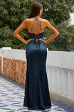 Vestido de fiesta azul marino con espalda abierta de dos piezas