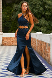 Vestido de fiesta azul marino con espalda abierta de dos piezas