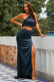 Vestido de fiesta azul marino con espalda abierta de dos piezas