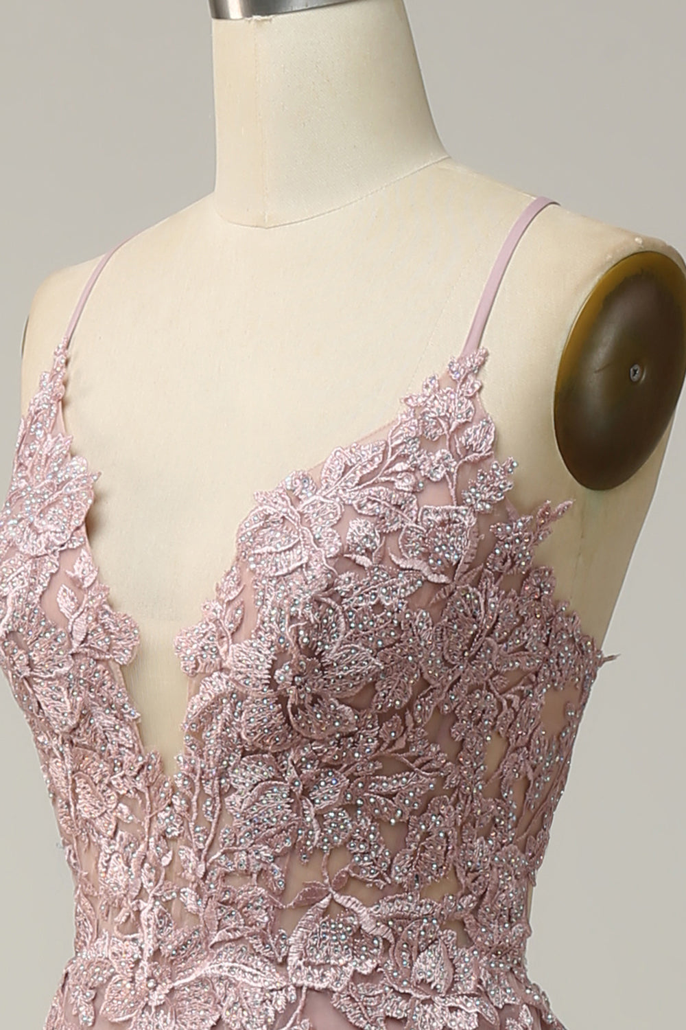 A Línea Correas de Espagueti Rosa Vestido de Graduación Con Apliques