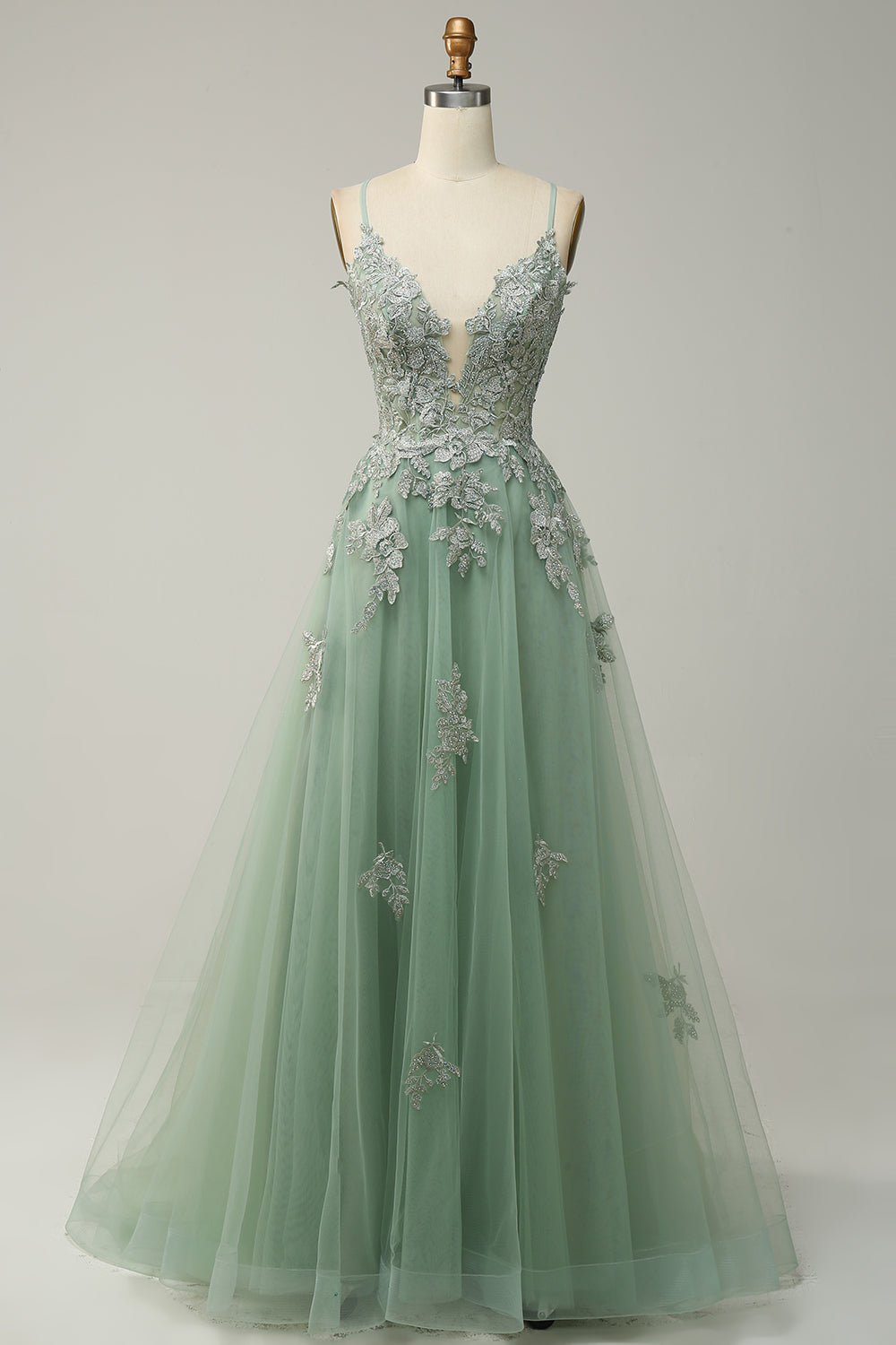 A Línea Correas de Espagueti Verde Vestido de Fiesta