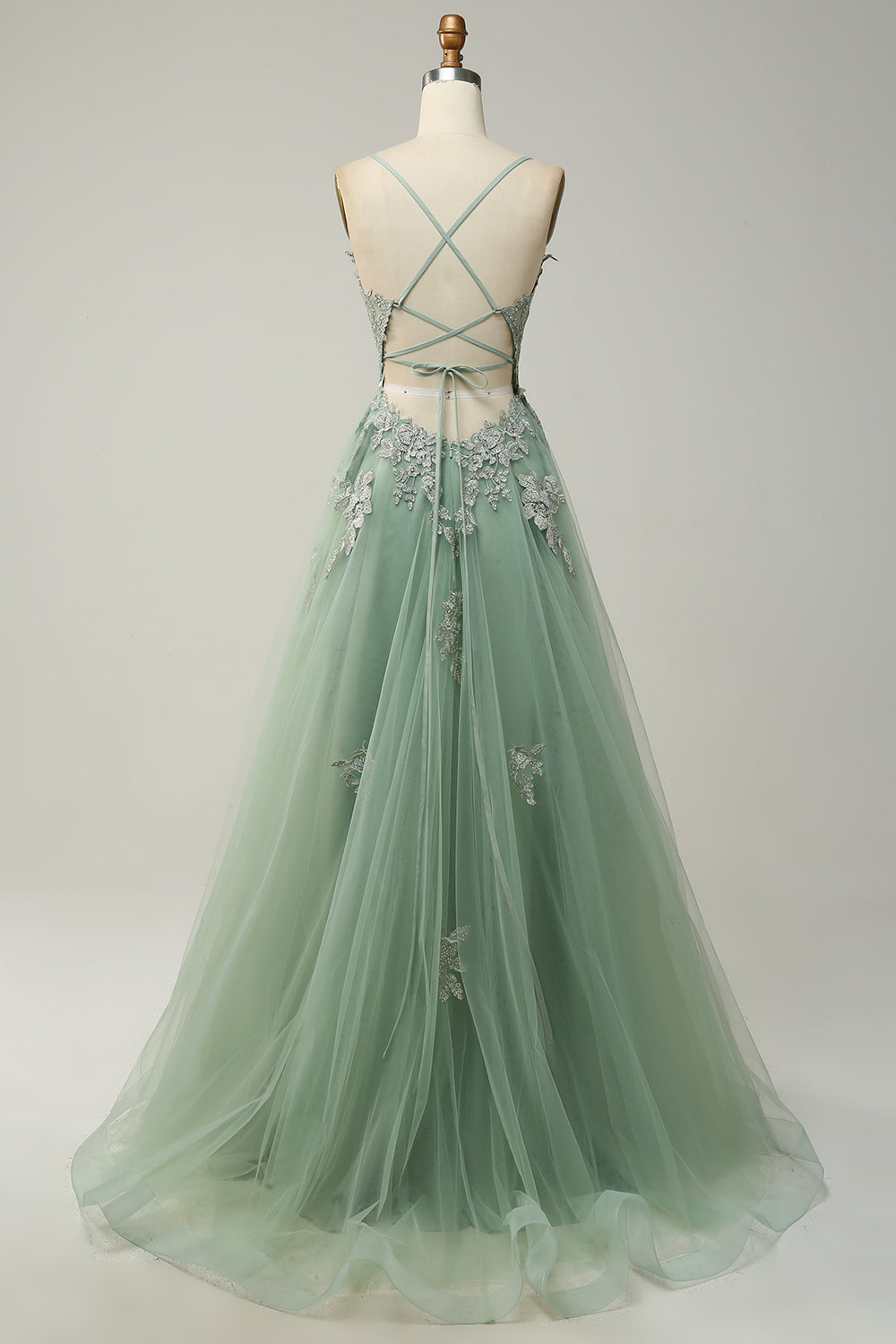 A Línea Correas de Espagueti Verde Vestido de Fiesta