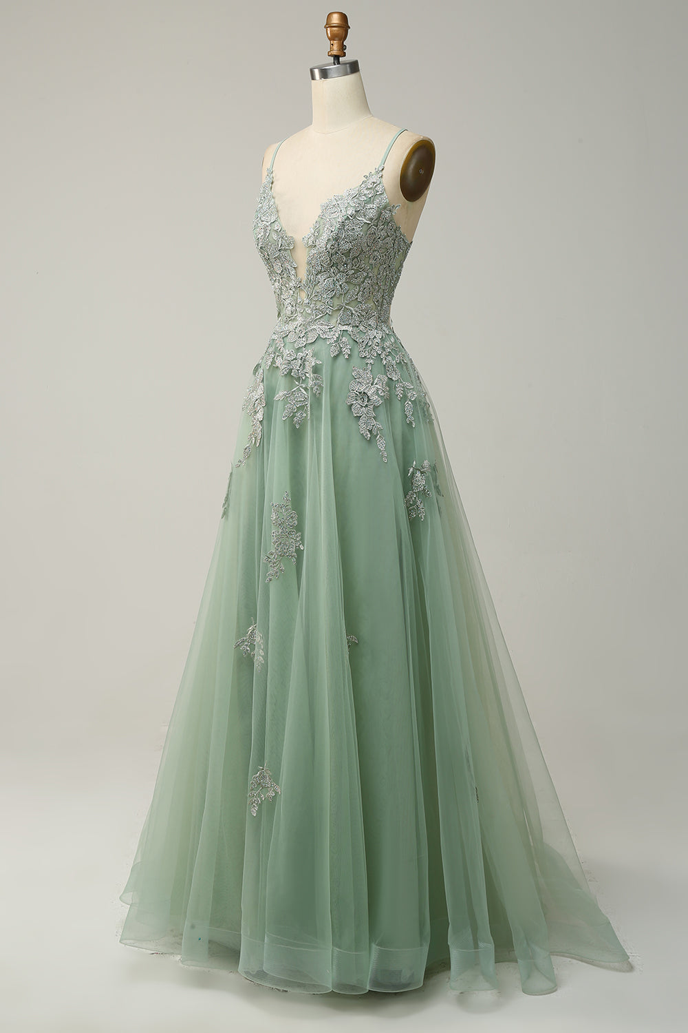 A Línea Correas de Espagueti Verde Vestido de Fiesta