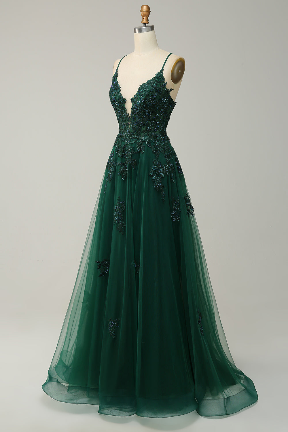 A Línea Correas de Espagueti Verde Oscuro Vestido de Graduación
