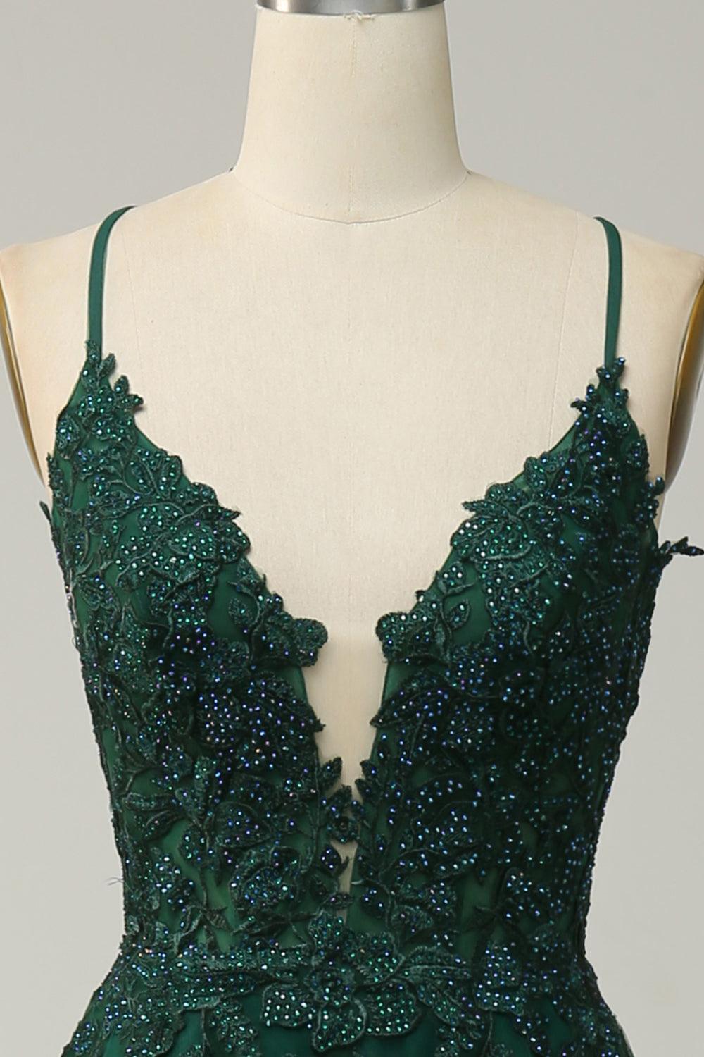 A Línea Correas de Espagueti Verde Oscuro Vestido de Graduación