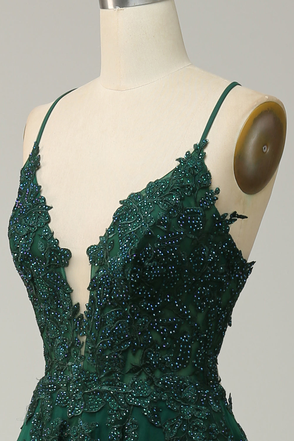 A Línea Correas de Espagueti Verde Oscuro Vestido de Graduación