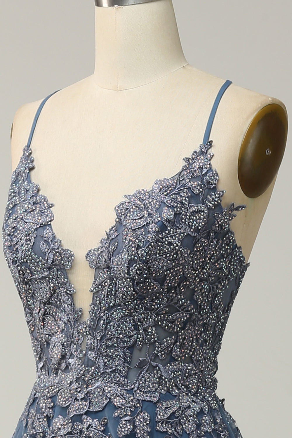 Tirantes de Espagueti A Línea Gris Azul Vestido de Fiesta