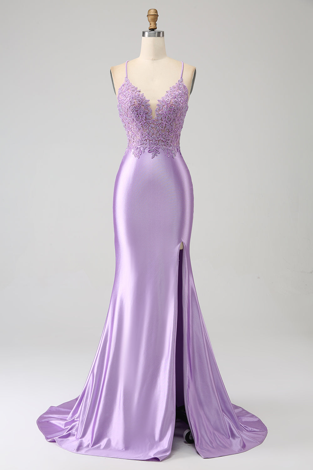Elegante vestido de fiesta largo de tirantes de espagueti de sirena lila con abertura de apliques