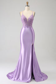 Elegante vestido de fiesta largo de tirantes de espagueti de sirena lila con abertura de apliques