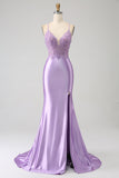 Elegante vestido de fiesta largo de tirantes de espagueti de sirena lila con abertura de apliques