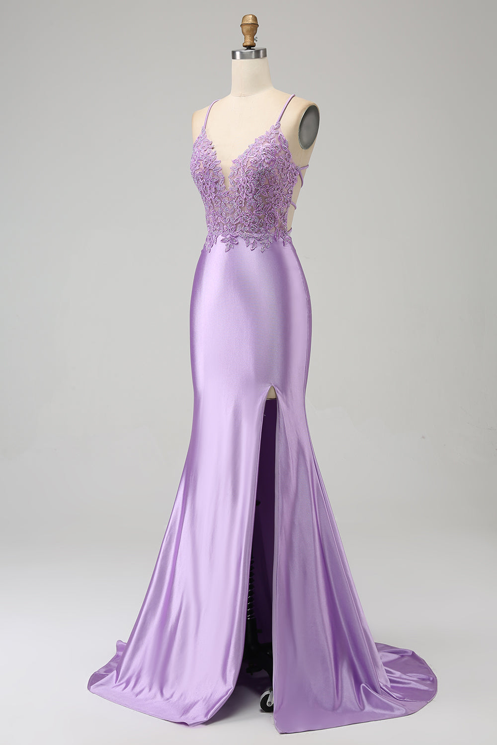 Elegante vestido de fiesta largo de tirantes de espagueti de sirena lila con abertura de apliques