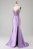 Elegante vestido de fiesta largo de tirantes de espagueti de sirena lila con abertura de apliques