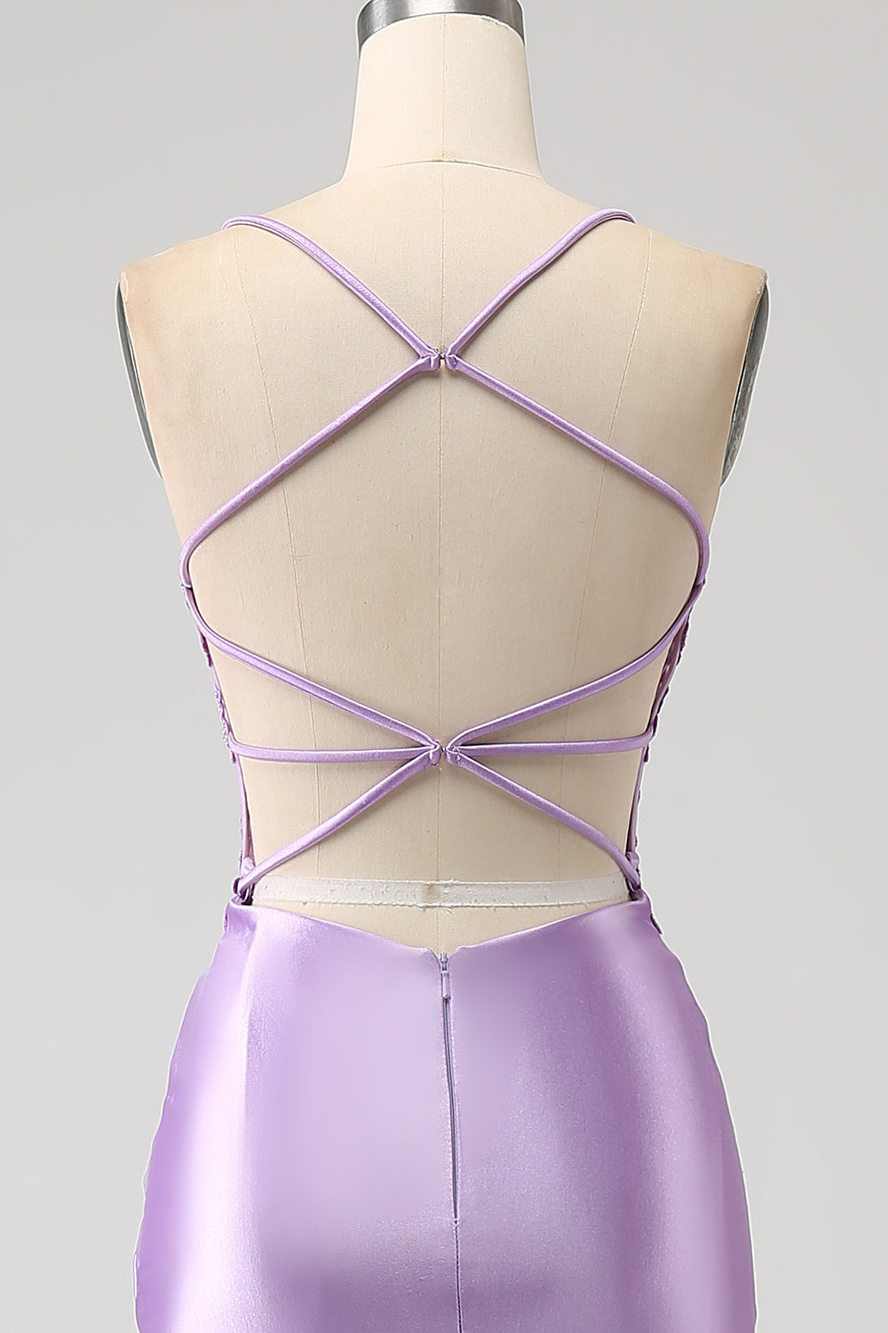 Elegante vestido de fiesta largo de tirantes de espagueti de sirena lila con abertura de apliques