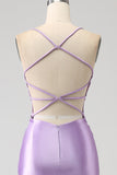 Elegante vestido de fiesta largo de tirantes de espagueti de sirena lila con abertura de apliques