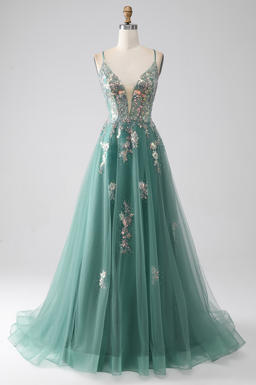 Vestido de fiesta largo verde con tirantes de espagueti de línea A con apliques de lentejuelas brillantes