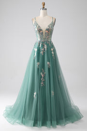 Vestido de fiesta largo verde con tirantes de espagueti de línea A con apliques de lentejuelas brillantes