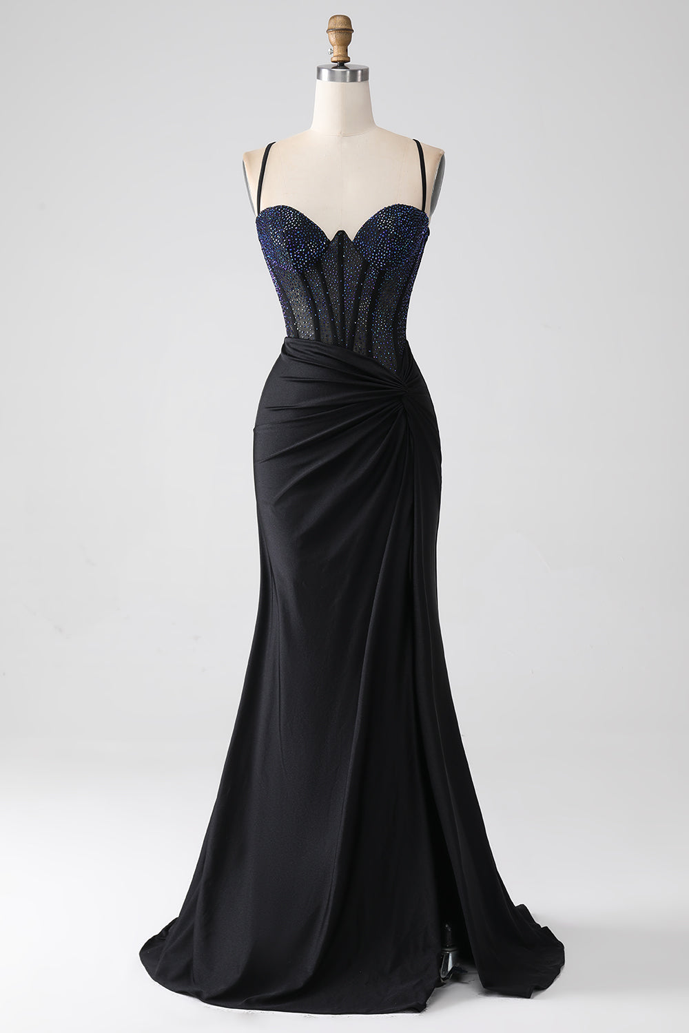 Vestido de fiesta largo de correas de espagueti de sirena negra con abalorios