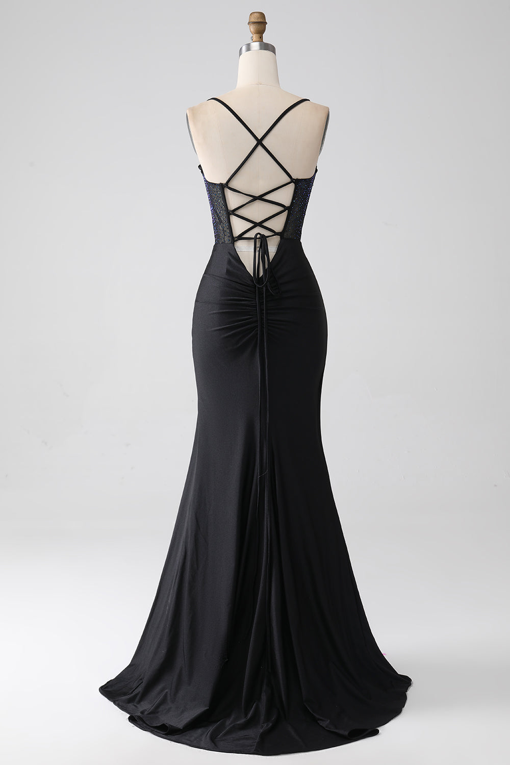 Vestido de fiesta largo de correas de espagueti de sirena negra con abalorios