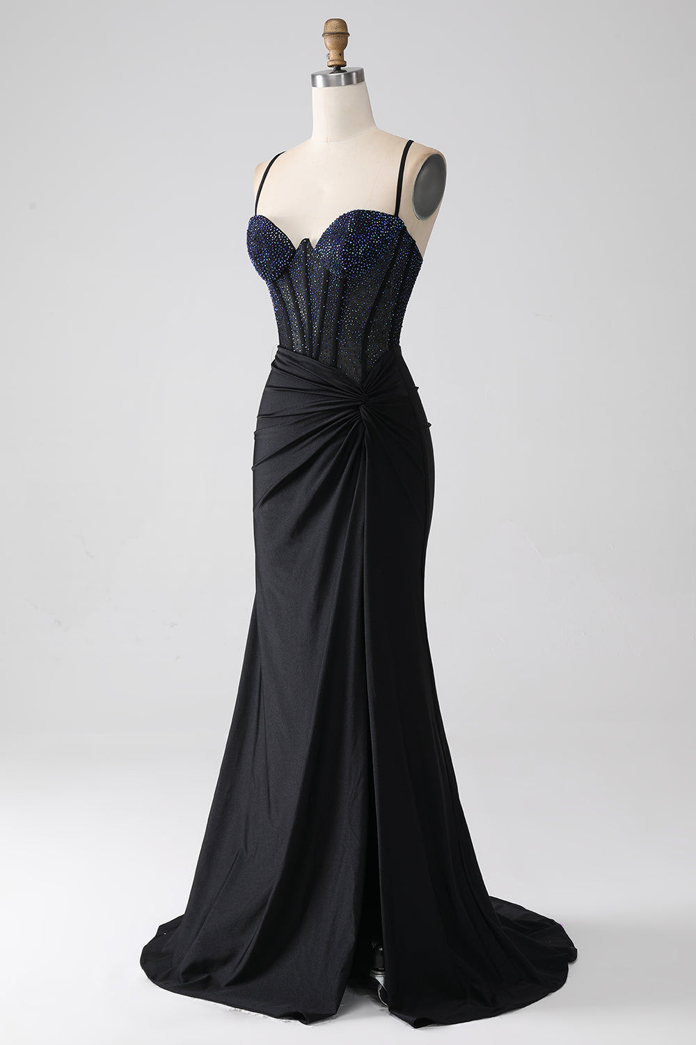 Vestido de fiesta largo de correas de espagueti de sirena negra con abalorios