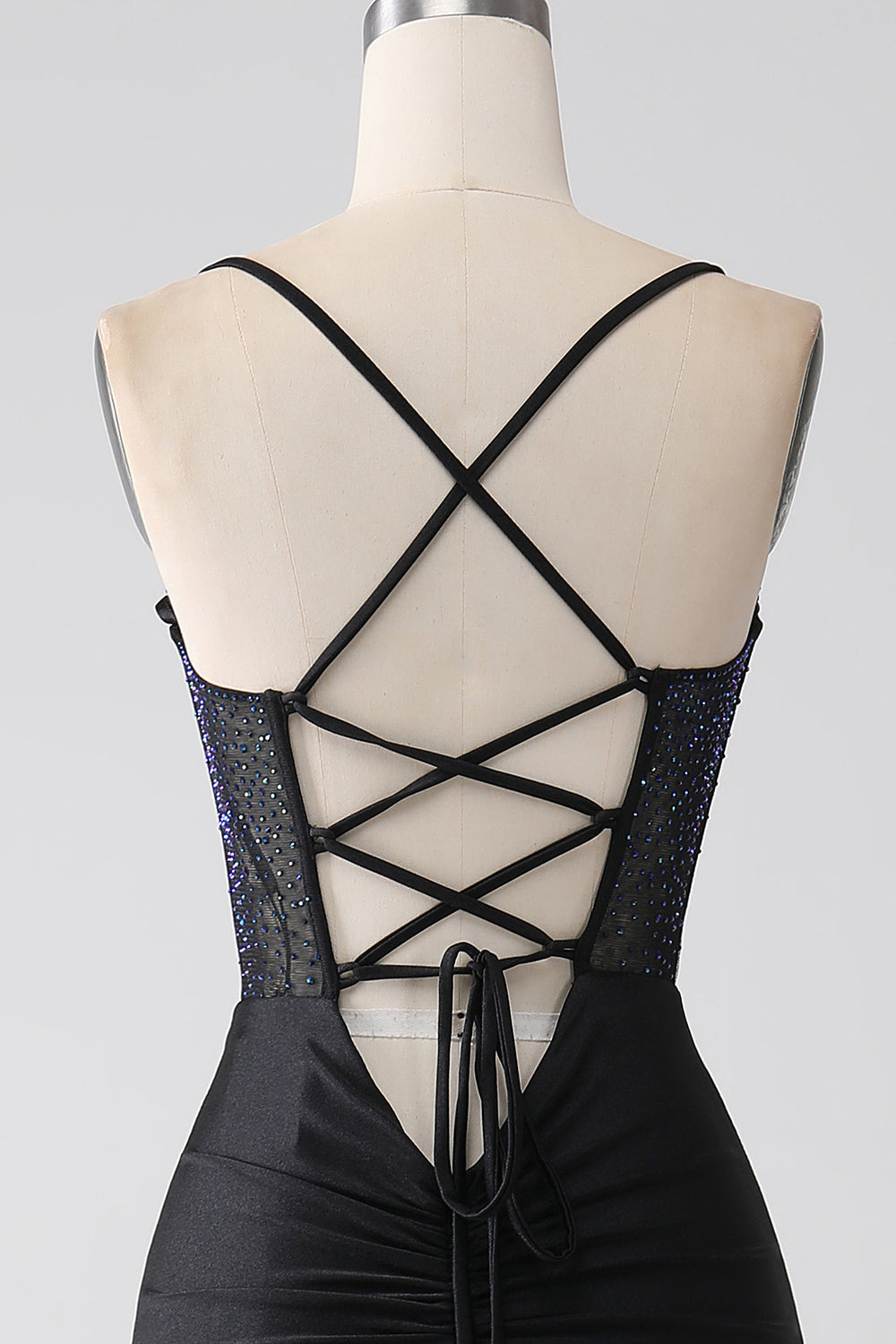 Vestido de fiesta largo de correas de espagueti de sirena negra con abalorios