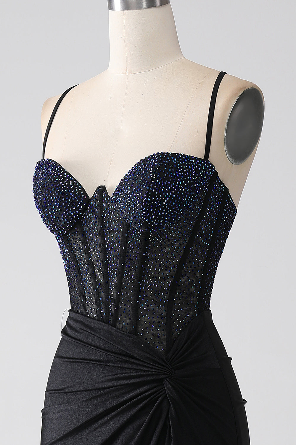 Vestido de fiesta largo de correas de espagueti de sirena negra con abalorios