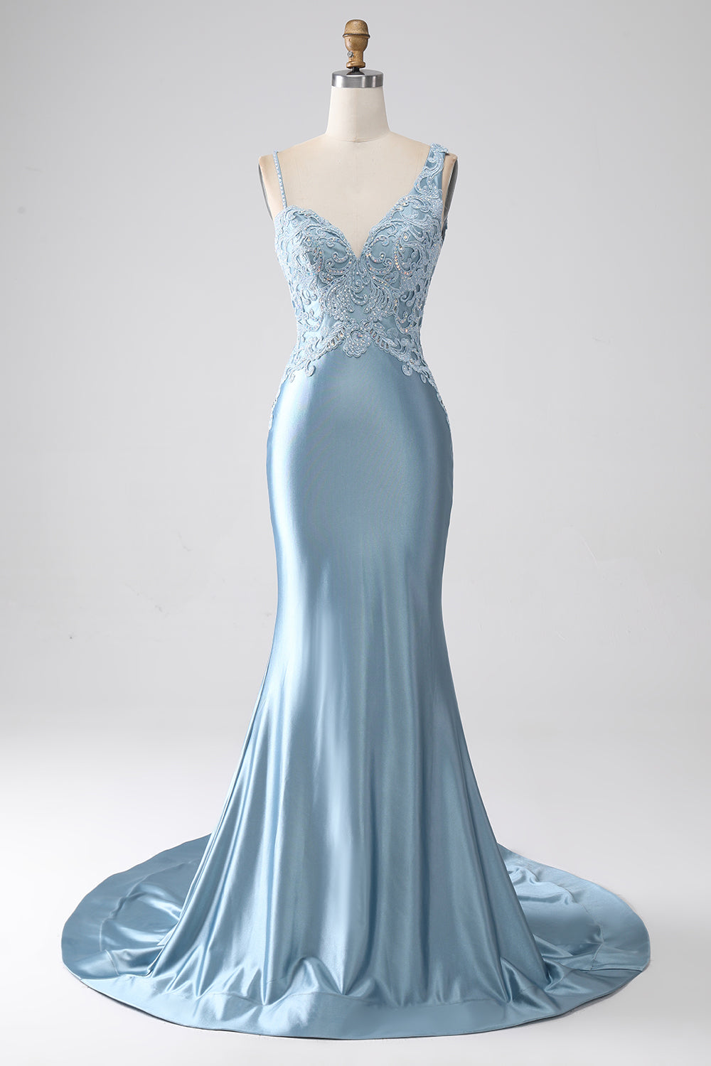 Vestido de fiesta largo con cuentas de tirantes de sirena azul grisáceo con apliques