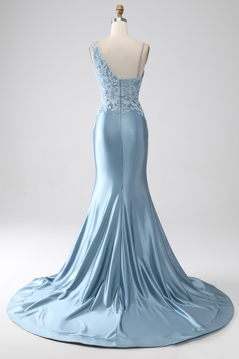 Vestido de fiesta largo con cuentas de tirantes de sirena azul grisáceo con apliques