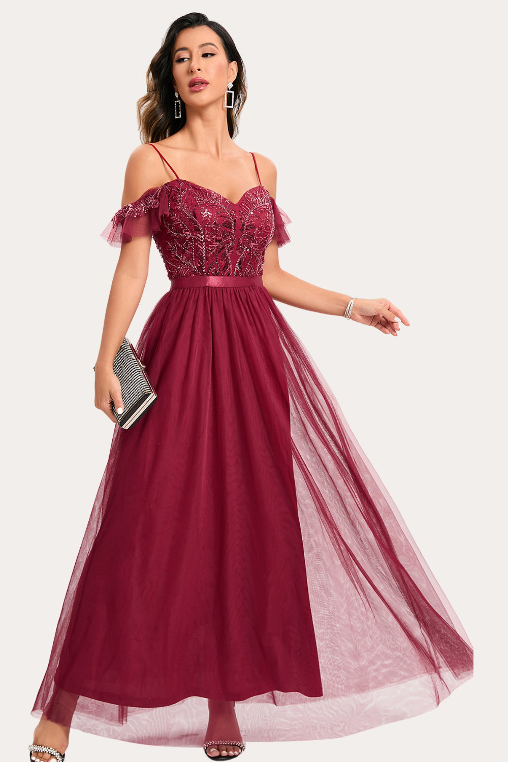 Vestido de baile largo de cuentas de color burdeos A-Line