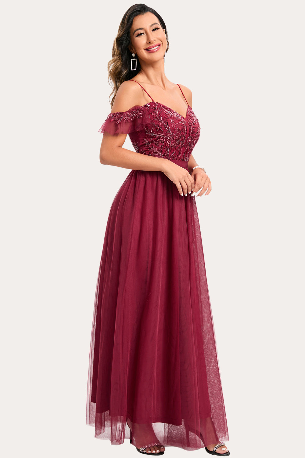Vestido de baile largo de cuentas de color burdeos A-Line