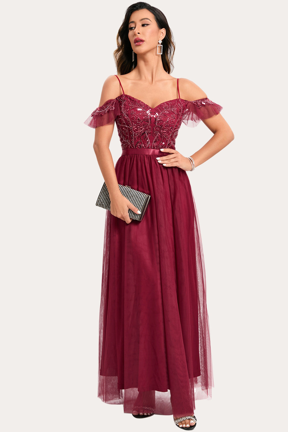 Vestido de baile largo de cuentas de color burdeos A-Line