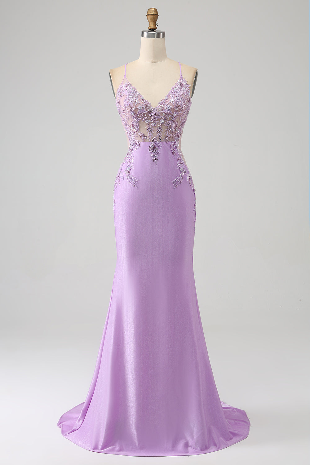Vestido de fiesta largo lila de tirantes de espagueti de sirena de moda con apliques de abalorios