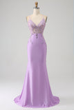 Vestido de fiesta largo lila de tirantes de espagueti de sirena de moda con apliques de abalorios