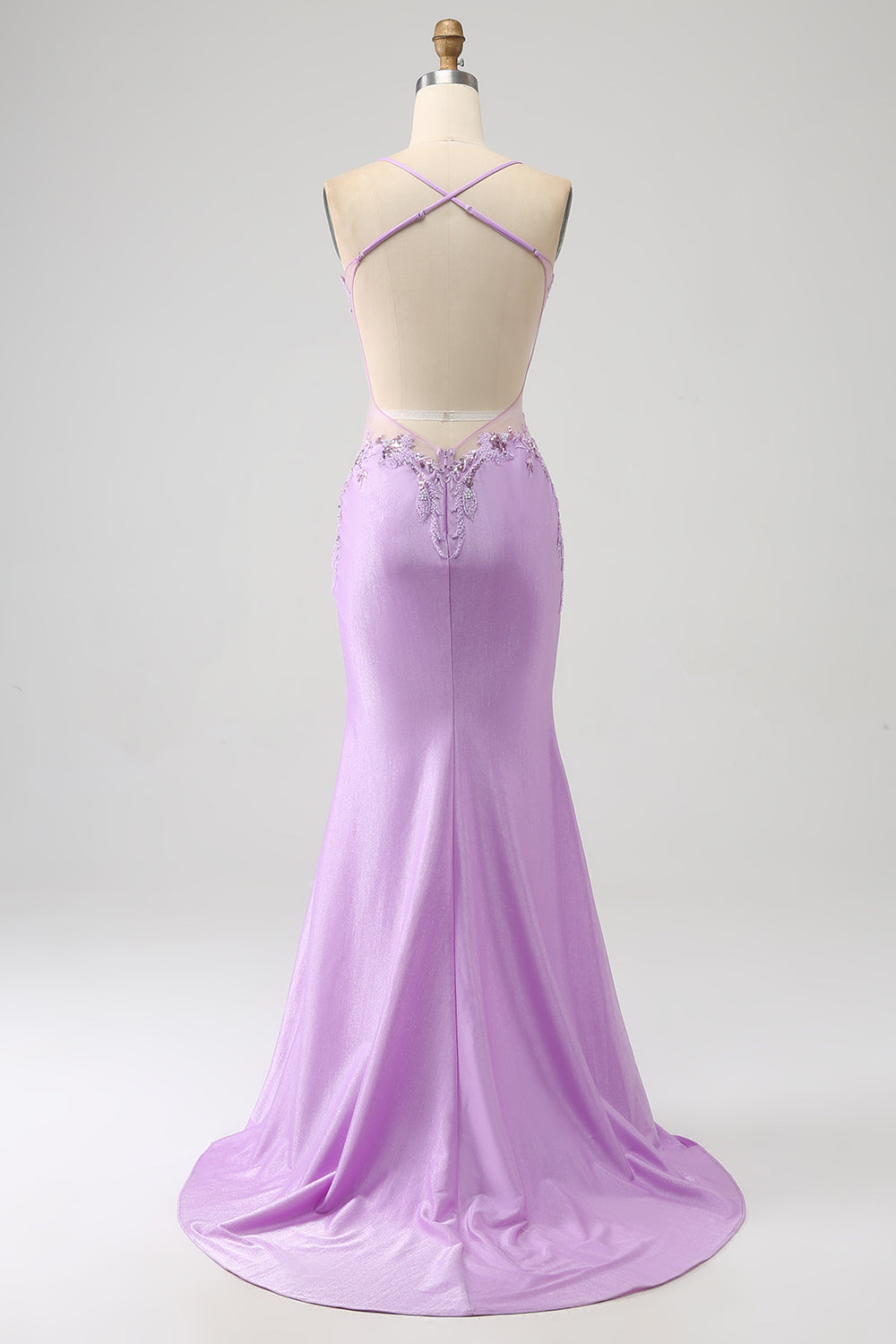 Vestido de fiesta largo lila de tirantes de espagueti de sirena de moda con apliques de abalorios