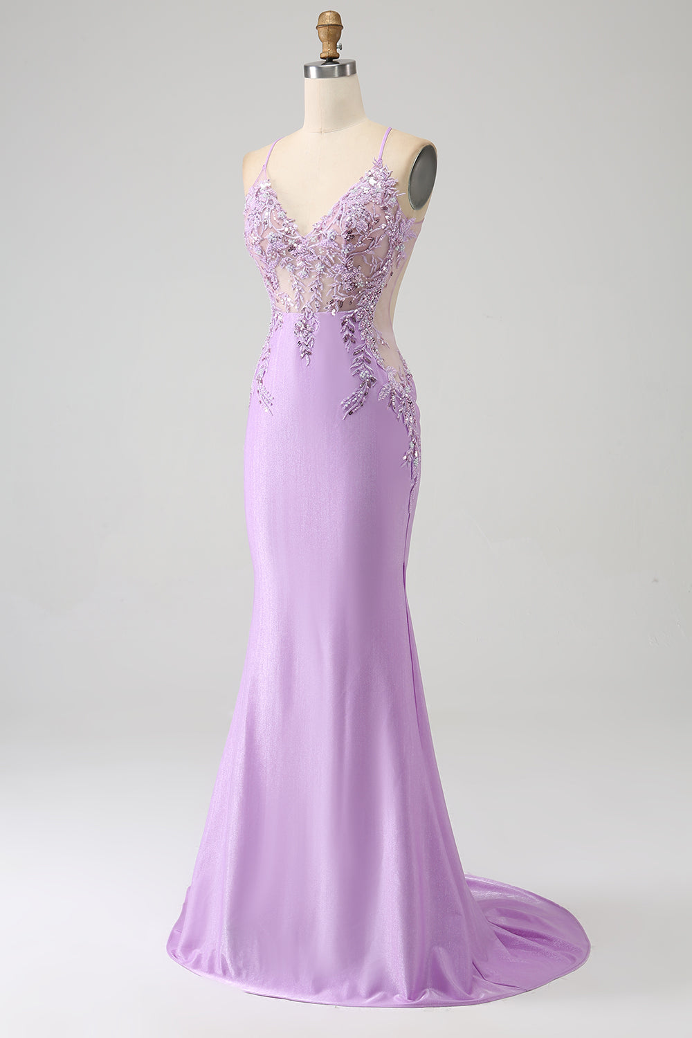 Vestido de fiesta largo lila de tirantes de espagueti de sirena de moda con apliques de abalorios
