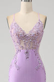 Vestido de fiesta largo lila de tirantes de espagueti de sirena de moda con apliques de abalorios