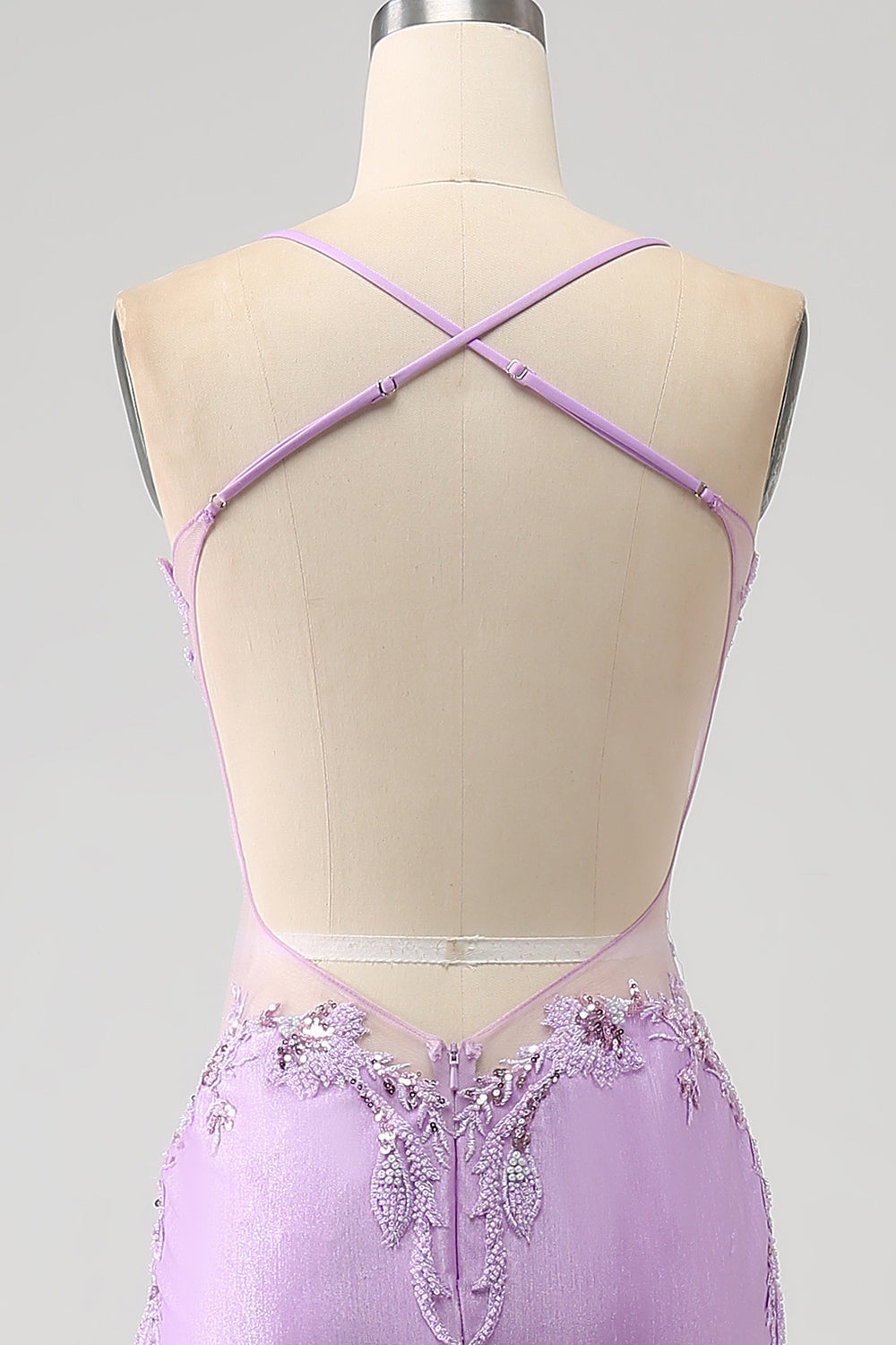 Vestido de fiesta largo lila de tirantes de espagueti de sirena de moda con apliques de abalorios