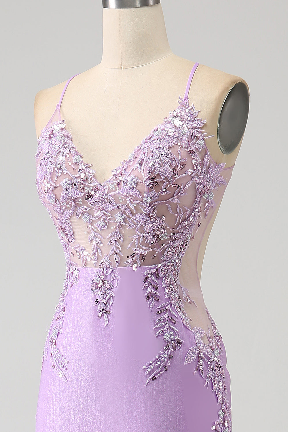 Vestido de fiesta largo lila de tirantes de espagueti de sirena de moda con apliques de abalorios