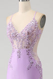 Vestido de fiesta largo lila de tirantes de espagueti de sirena de moda con apliques de abalorios