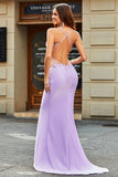 Vestidos de fiesta con cuentas de cuentas con cuello en V de sirena lila con espalda abierta con apliques