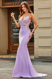 Vestidos de fiesta con cuentas de cuentas con cuello en V de sirena lila con espalda abierta con apliques