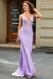 Vestidos de fiesta con cuentas de cuentas con cuello en V de sirena lila con espalda abierta con apliques