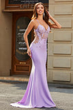 Vestidos de fiesta con cuentas de cuentas con cuello en V de sirena lila con espalda abierta con apliques