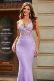 Vestidos de fiesta con cuentas de cuentas con cuello en V de sirena lila con espalda abierta con apliques
