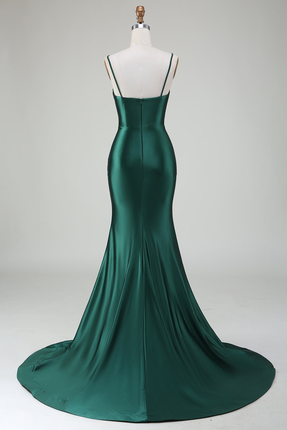 Vestido de fiesta de tirantes de espagueti de sirena verde oscuro Sweep Train
