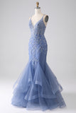 Vestido de fiesta sin espalda con cuentas de tirantes de sirena azul grisáceo con apliques