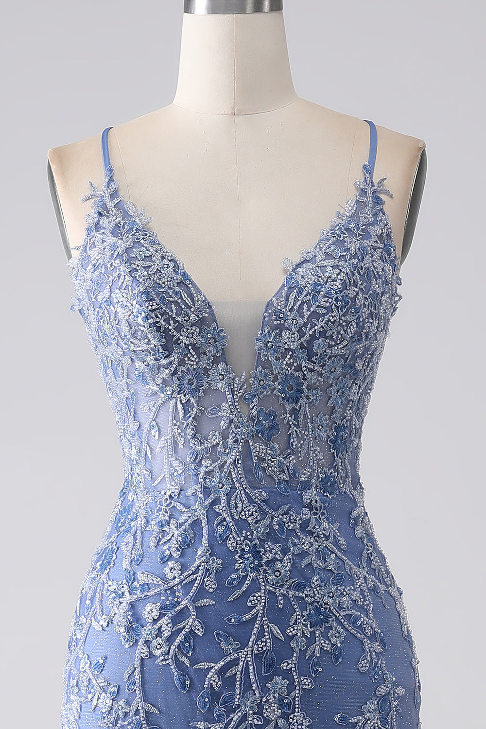 Vestido de fiesta sin espalda con cuentas de tirantes de sirena azul grisáceo con apliques