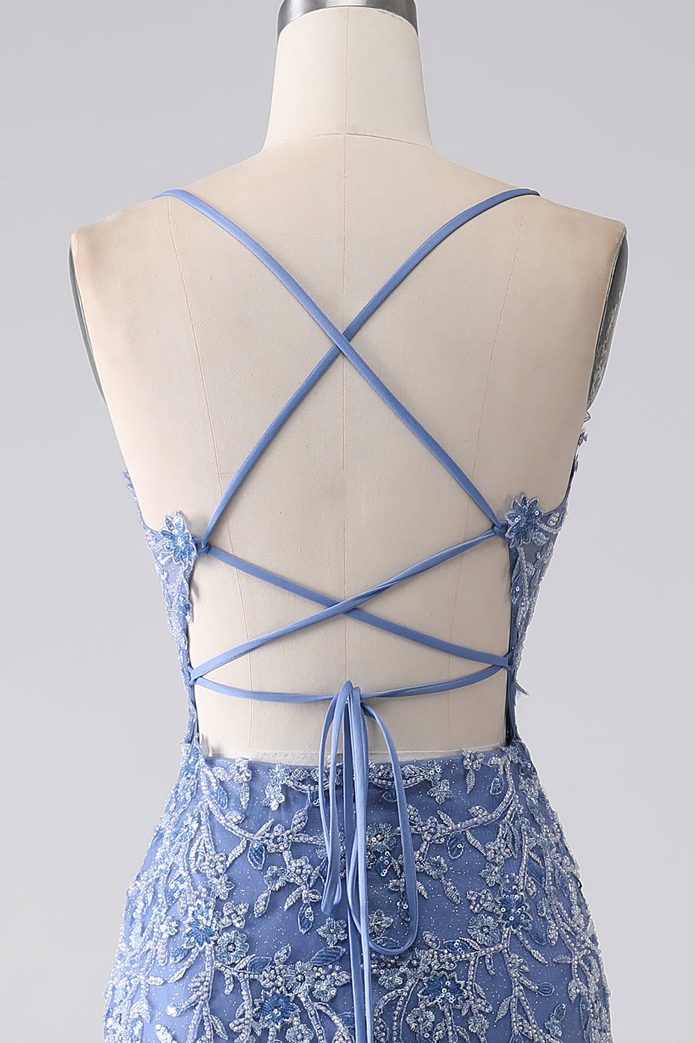 Vestido de fiesta sin espalda con cuentas de tirantes de sirena azul grisáceo con apliques
