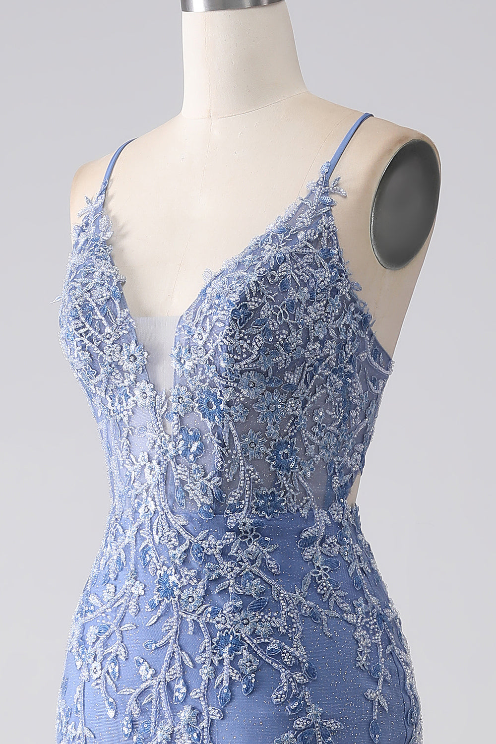 Vestido de fiesta sin espalda con cuentas de tirantes de sirena azul grisáceo con apliques