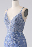 Vestido de fiesta sin espalda con cuentas de tirantes de sirena azul grisáceo con apliques