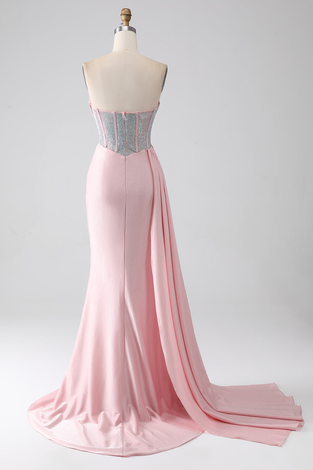 Vestido de fiesta largo plisado sin tirantes de sirena rosa con abertura alta
